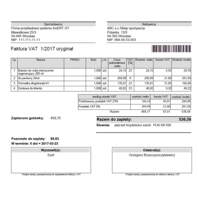 Wzorzec wydruku zamówienia od klienta ZK z numerem dokumentu w postaci kodu kreskowego Subiekt GT