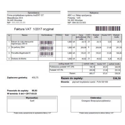Wzorzec wydruku faktury z kodami kreskowymi towarów i numerem dokumentu w postaci kodu kreskowego Subiekt GT