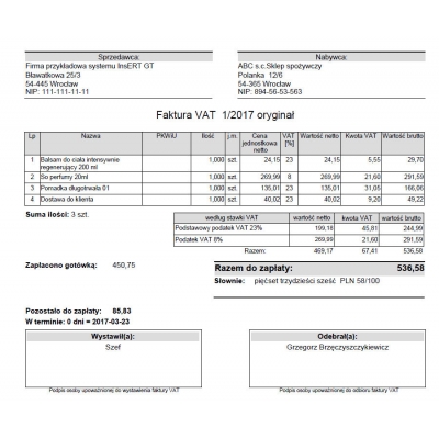 Wzorzec wydruku faktury z sumą ilości pozycji towarowych Subiekt GT