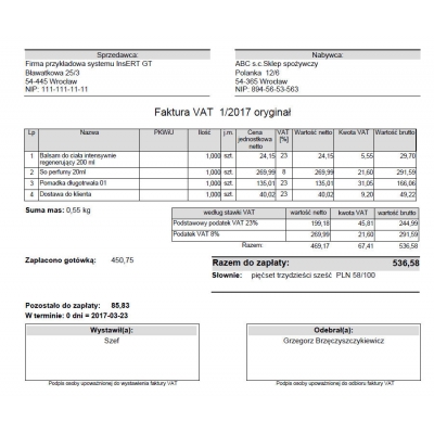 Wzorzec wydruku faktury z sumą mas pozycji towarowych Subiekt GT