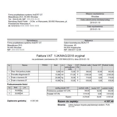 Wzorzec wydruku faktury z podsumowaniem ilości wg jednostek miary Subiekt GT