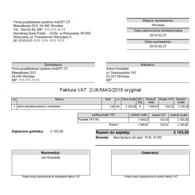 Wzorzec wydruku faktury usługowej Subiekt GT