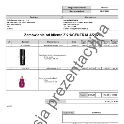Wzorzec wydruku zamówienia do dostawcy ZD z opisem i zdjęciem produktu Subiekt nexo PRO