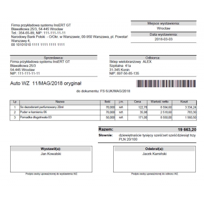 Wzorzec wydruku wydania zewnętrznego WZ z numerem dokumentu w postaci kodu kreskowego Subiekt GT