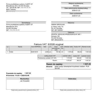 Wzorzec wydruku faktury z NIPem odbiorcy Subiekt GT