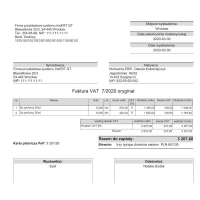 Wzorzec wydruku faktury z nazwą formy płatności kartą / kredytowej Subiekt GT