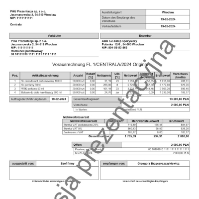 Wzorzec wydruku faktury zaliczkowej w języku niemieckim Subiekt nexo PRO