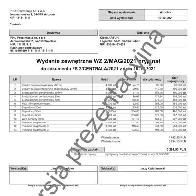 Wzorzec wydruku wydania zewnętrznego WZ ze stanem magazynowym Subiekt nexo PRO