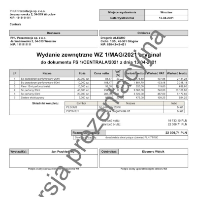 Wzorzec wydruku wydania zewnętrznego WZ z VAT z rozbiciem kompletów Subiekt nexo PRO