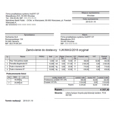 Wzorzec wydruku zamówienia do dostawcy ZD z podsumowaniem ilości wg jednostek miary Subiekt GT