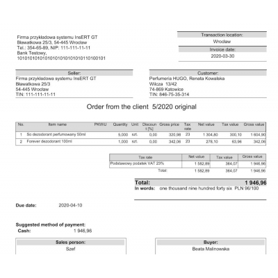 Wzorzec wydruku zamówienia od klienta zaliczkowe ZK w języku angielskim Subiekt GT