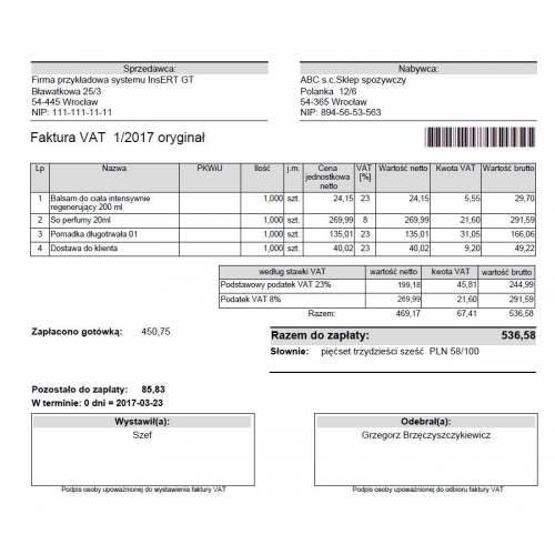 Wzorzec wydruku faktury z numerem dokumentu w postaci kodu kreskowego Subiekt GT