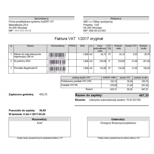 Wzorzec wydruku faktury z kodami kreskowymi towarów Subiekt GT