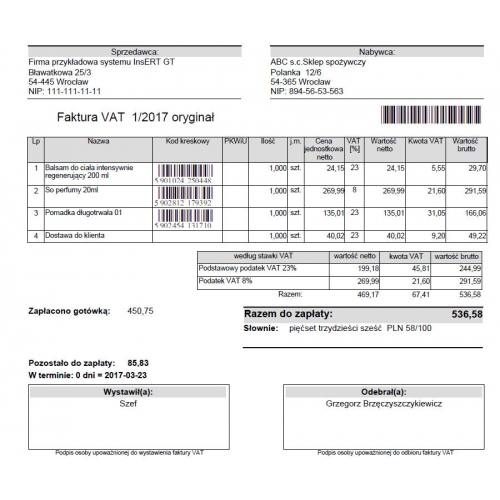 Wzorzec wydruku faktury z kodami kreskowymi towarów i numerem dokumentu w postaci kodu kreskowego Subiekt GT