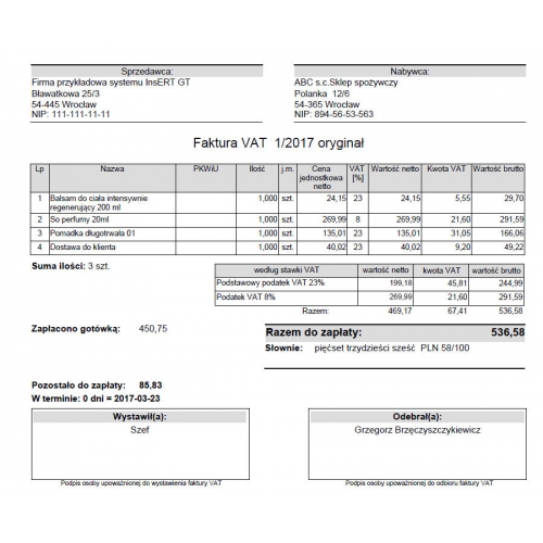 Wzorzec wydruku faktury z sumą ilości pozycji towarowych Subiekt GT