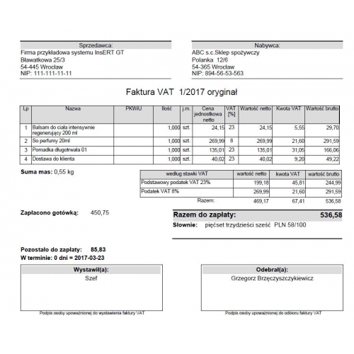 Wzorzec wydruku faktury z sumą mas pozycji towarowych Subiekt GT