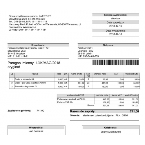 Wzorzec wydruku paragonu imiennego z numerem dokumentu w postaci kodu kreskowego Subiekt GT