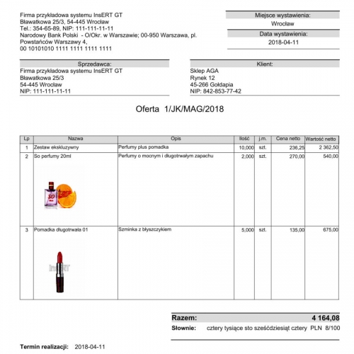Wzorzec wydruku zamówienia od klienta ZK z opisem i zdjęciem produktu Subiekt GT