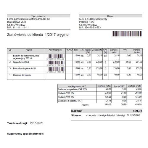Wzorzec wydruku zamówienia od klienta ZK z kodami kreskowymi towarów i numerem dokumentu w postaci kodu kreskowego Subiekt GT