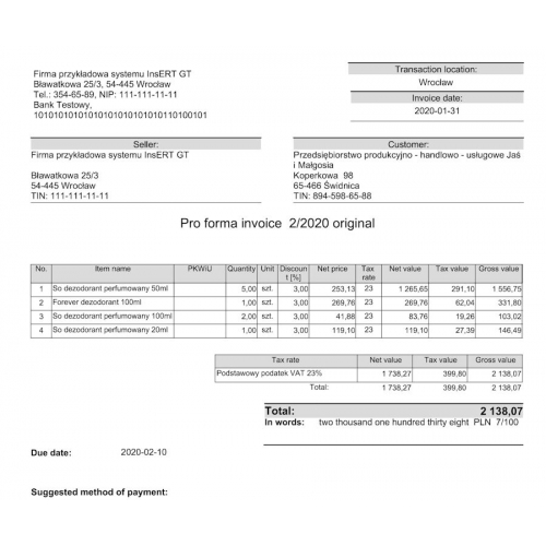 Wzorzec wydruku faktury proforma w języku angielskim Subiekt GT