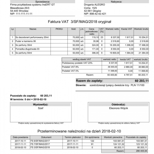 Wzorzec wydruku faktury z zestawieniem przeterminowanych należności Subiekt GT