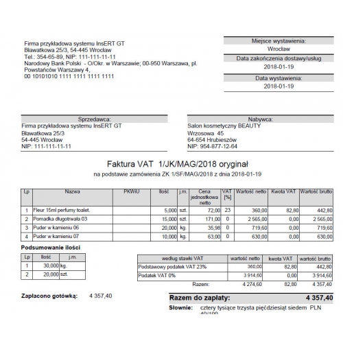Wzorzec wydruku faktury z podsumowaniem ilości wg jednostek miary Subiekt GT