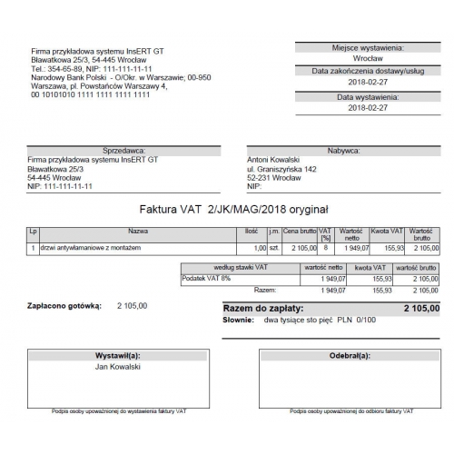 Wzorzec wydruku faktury usługowej Subiekt GT