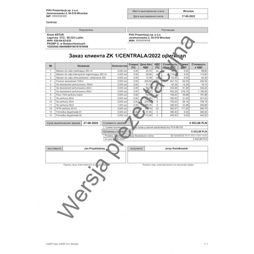 Wzorzec wydruku faktury proforma FP jako zamówienia od klienta w języku rosyjskim Subiekt nexo PRO