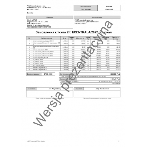 Wzorzec wydruku faktury proforma FP jako zamówienia od klienta w języku ukraińskim Subiekt nexo PRO
