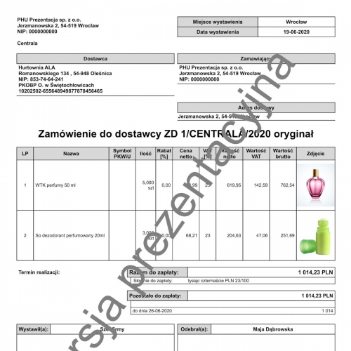 Wzorzec wydruku zamówienia do dostawcy ZD ze zdjęciem produktu Subiekt nexo PRO
