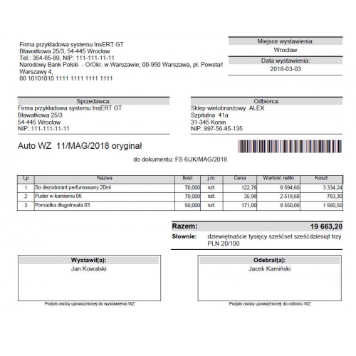 Wzorzec wydruku wydania zewnętrznego WZ z numerem dokumentu w postaci kodu kreskowego Subiekt GT