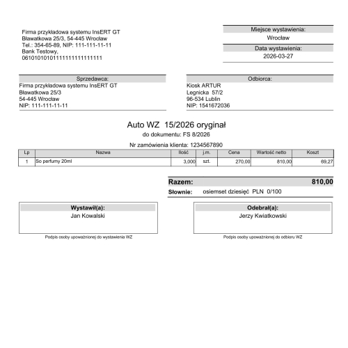 Wzorzec wydruku wydania zewnętrznego WZ z numerem oryginalnym zamówienia Subiekt GT