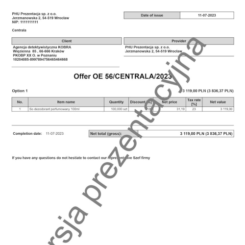 Wzorzec wydruku oferty OE w języku angielskim Gestor nexo PRO