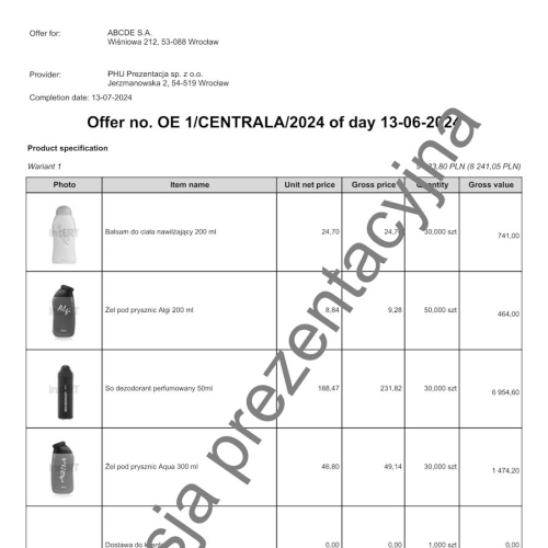 Wzorzec wydruku oferty OE ze zdjęciem produktu w języku angielskim Gestor nexo PRO