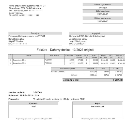 Wzorzec wydruku faktury w języku słowackim Subiekt GT