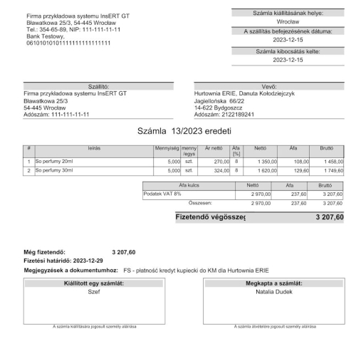 Wzorzec wydruku faktury w języku węgierskim Subiekt GT