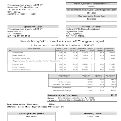 Wzorzec wydruku korekty faktury w języku polskim i angielskim wszystkie pozycje Subiekt GT