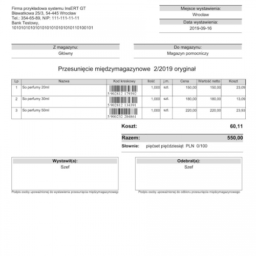 Wzorzec wydruku przesunięcia międzymagazynowego MM z kodami kreskowymi towarów Subiekt GT