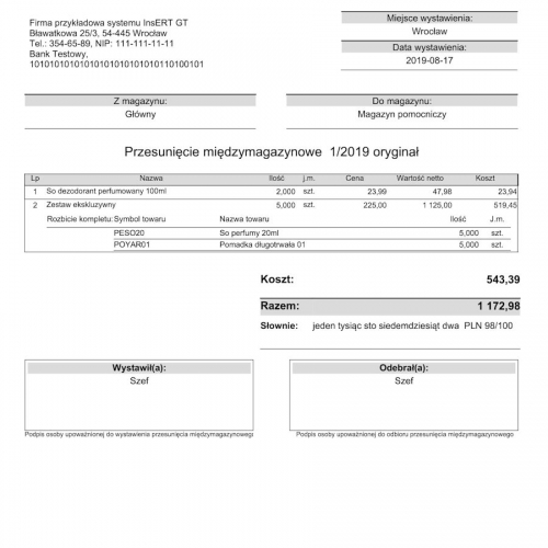 Wzorzec wydruku przesunięcia międzymagazynowego MM z rozbiciem kompletów Subiekt GT