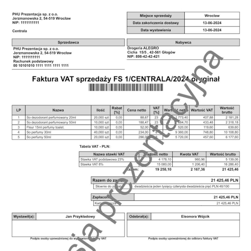 Wzorzec wydruku zamówienia od klienta z numerem dokumentu w postaci kodu kreskowego Subiekt nexo PRO