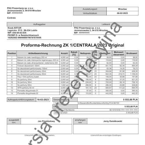 Wzorzec wydruku faktury proforma FP jako zamówienia od klienta w języku niemieckim Subiekt nexo PRO