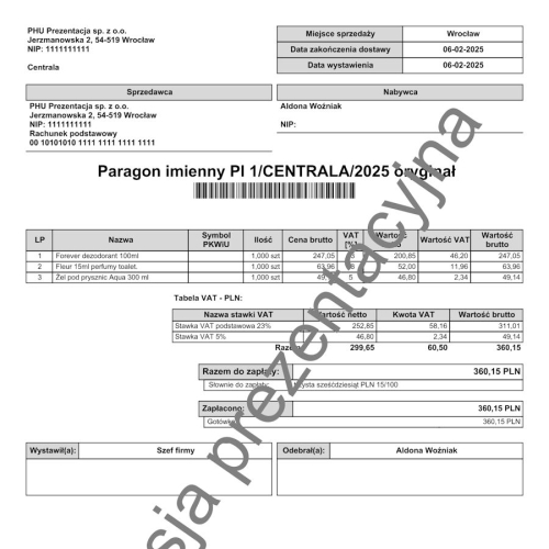 Wzorzec wydruku paragonu imiennego z numerem dokumentu w postaci kodu kreskowego Subiekt nexo PRO