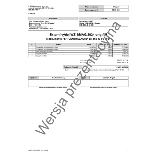Wzorzec wydruku wydania zewnętrznego w języku czeskim Subiekt nexo PRO