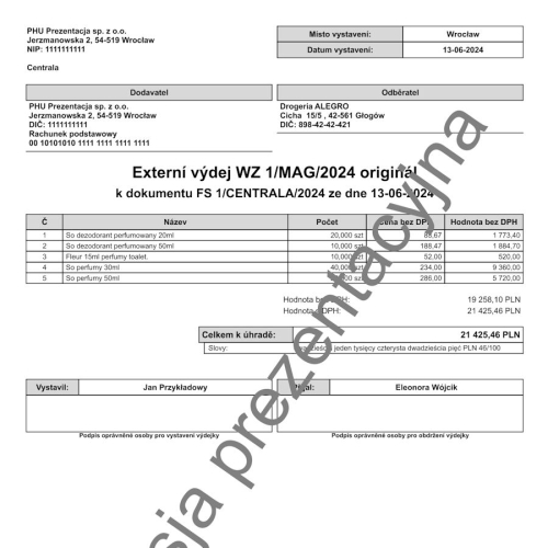 Wzorzec wydruku wydania zewnętrznego w języku czeskim Subiekt nexo PRO