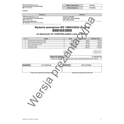 Wzorzec wydruku wydania zewnętrznego z numerem dokumentu w postaci kodu kreskowego Subiekt nexo PRO