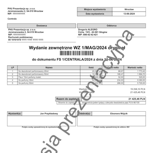 Wzorzec wydruku wydania zewnętrznego z numerem dokumentu w postaci kodu kreskowego Subiekt nexo PRO