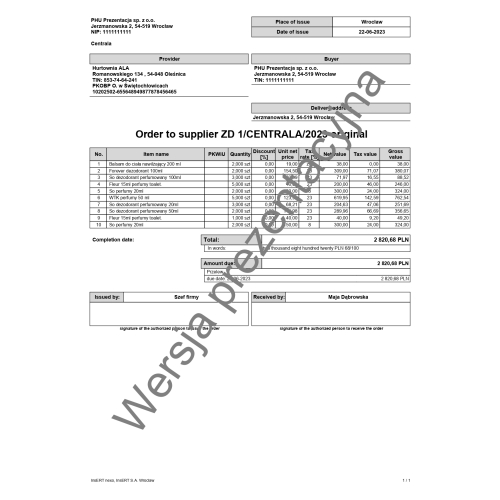 Wzorzec wydruku zamówienia do dostawcy ZD w języku angielskim Subiekt nexo PRO