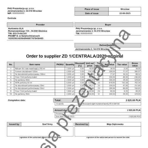 Wzorzec wydruku zamówienia do dostawcy ZD w języku angielskim Subiekt nexo PRO