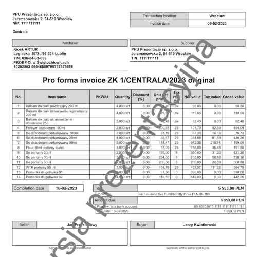 Wzorzec wydruku zamówienia od klienta ZK jako faktury proforma w języku angielskim Subiekt nexo PRO