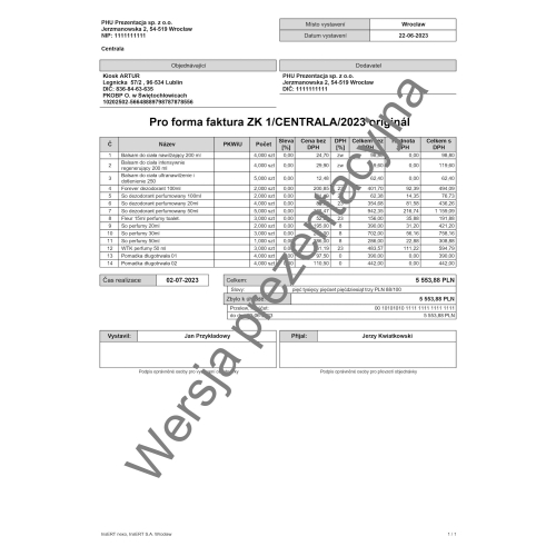 Wzorzec wydruku zamówienia od klienta ZK jako faktury proforma w języku czeskim Subiekt nexo PRO